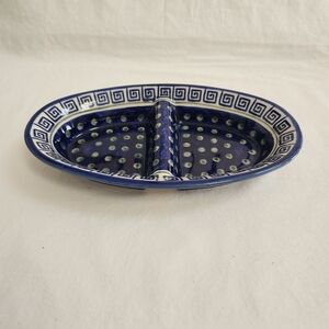 Boleslawiec Blue and Green Polish Pottery Divided Dish